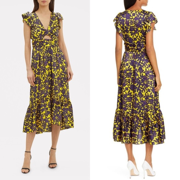 A.L.C. Valencia Silk Floral Midi Dress Yellow Purple Cut-Out Ruffle Hem Sz 2 - Picture 2 of 16